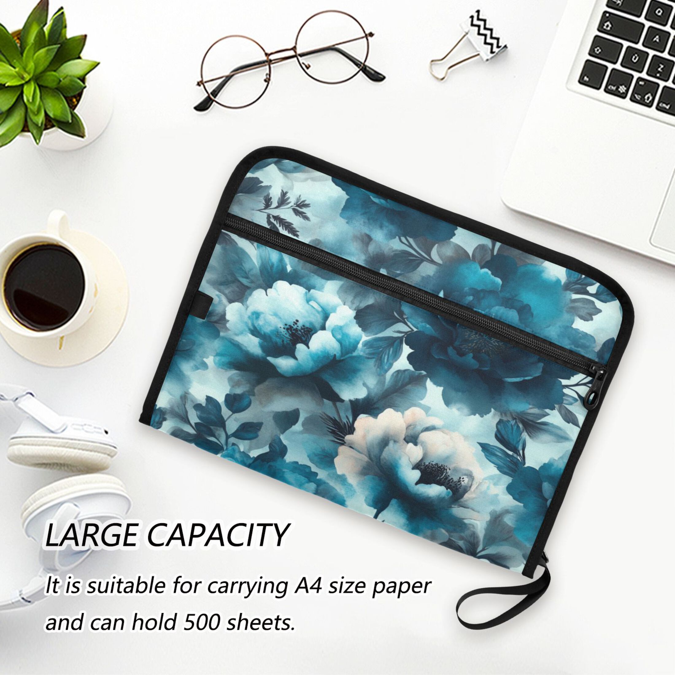 Accordion File Organizer with Zip Closure 13 Pockets Expanding File Folder Letter A4 Paper Document Organizer for Home Office Teal Elegant Floral Pattern