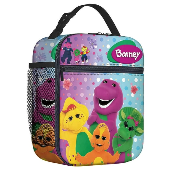 For Barney and Friends Cartoon Themed Insulated Lunch Bag Reusable Water Resistant Cooler Tote, with Mesh Side Pocket and Zipper, Lunch Box Size 8.66x4.33x10.24 Inch for Camping, Trips, Picnics