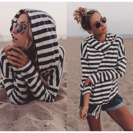 Women New Fashion Sexy Gray and White Striped Front Pocket Casual Hoodie