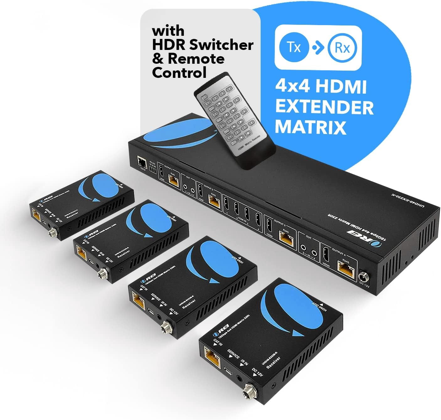 OREI UHD48-EX230-K 4K 4x4 HDMI Extender Matrix Over Single CAT5e/6/7 Cable with HDR Switcher & IR Control, RS-232 - Up to 230 Ft - 1080P Downscale - 4 x Loop Out - 4 Receivers Included