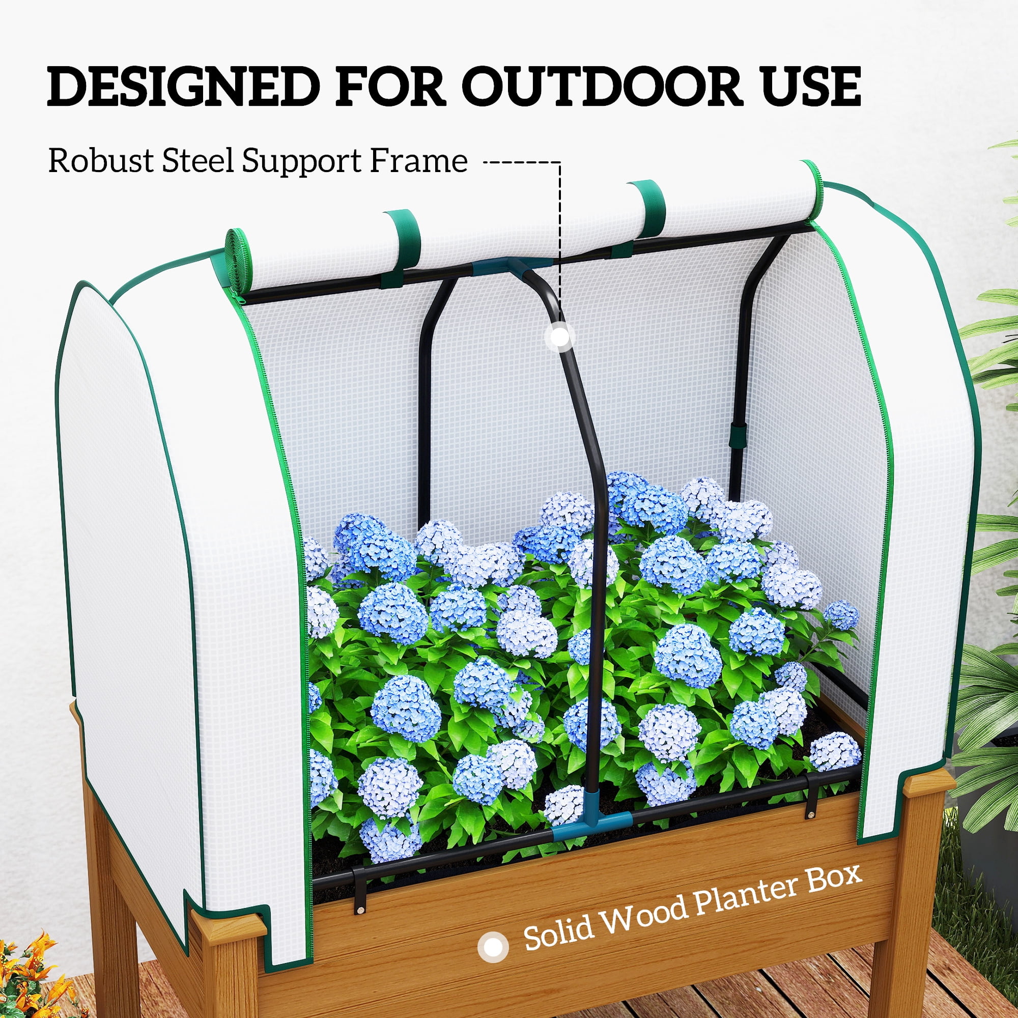 Outsunny Raised Garden Bed with PE Greenhouse Cover Outdoor Elevated Wood Planter Box for Herbs, Vegetables, for Patio, Backyard, Balcony, Brown