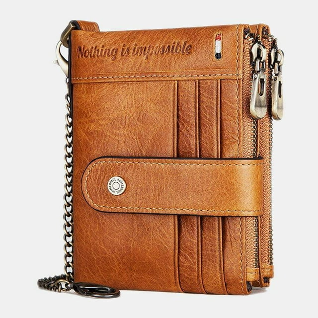 Men Genuine Leather Chain Wallet RFID Double ZIpper Anti-theft Multi-card Slot Card Holder Wallet - Brown