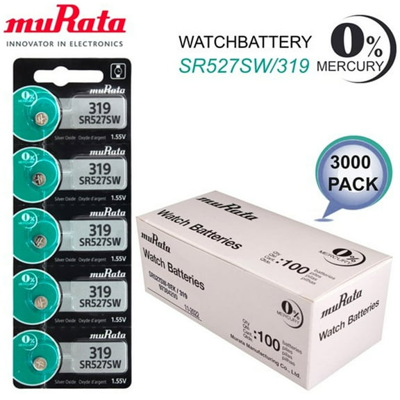 3000 x MuRata 319 Watch Batteries, 0% MERCURY equivilate SR527SW Wholesale Pack
