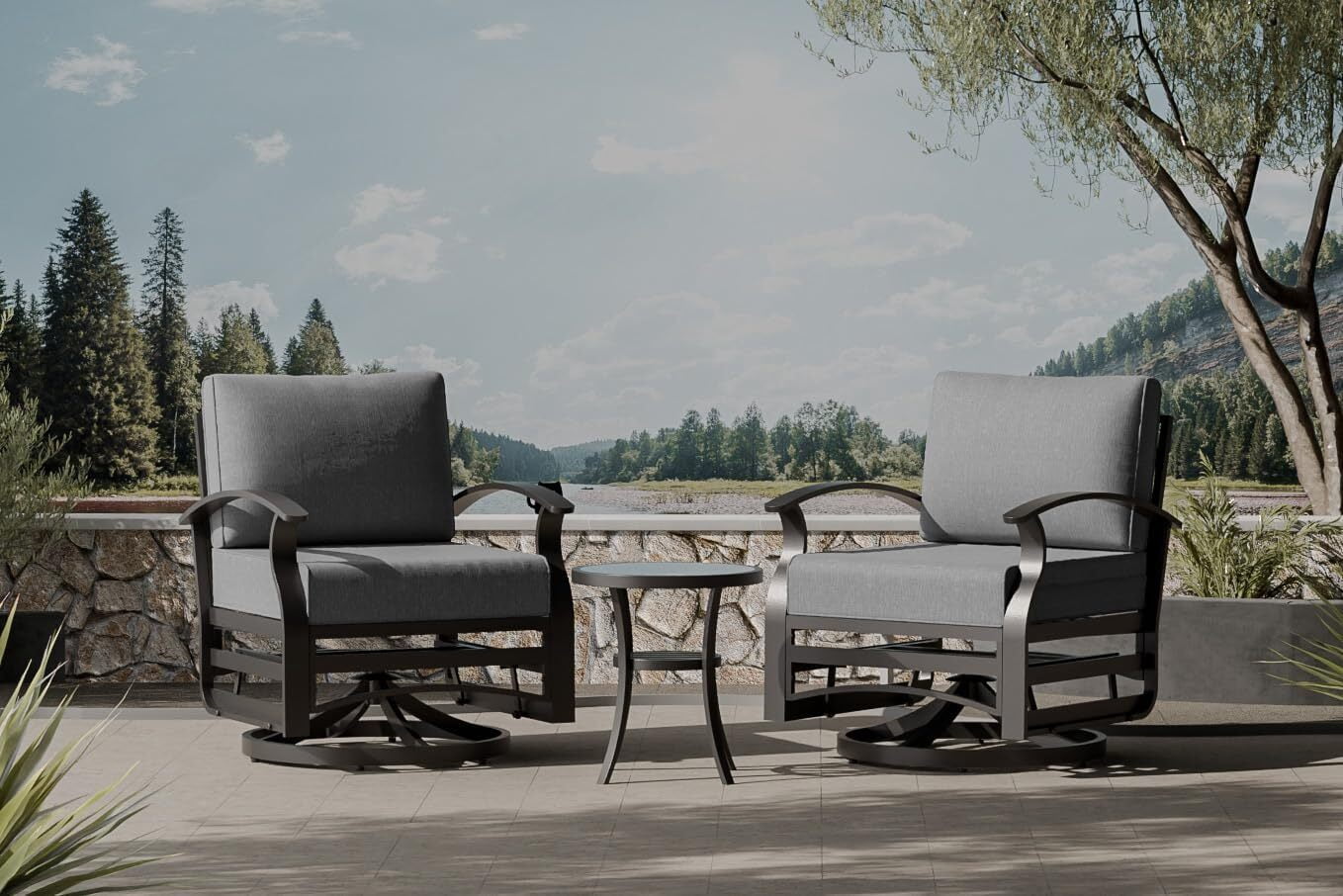 ASJMR 3PCS Outdoor Aluminum Swivel Rocking Chairs, 2-Person Patio Furniture Conversation Set with Coffee Table and Cushions, Grey