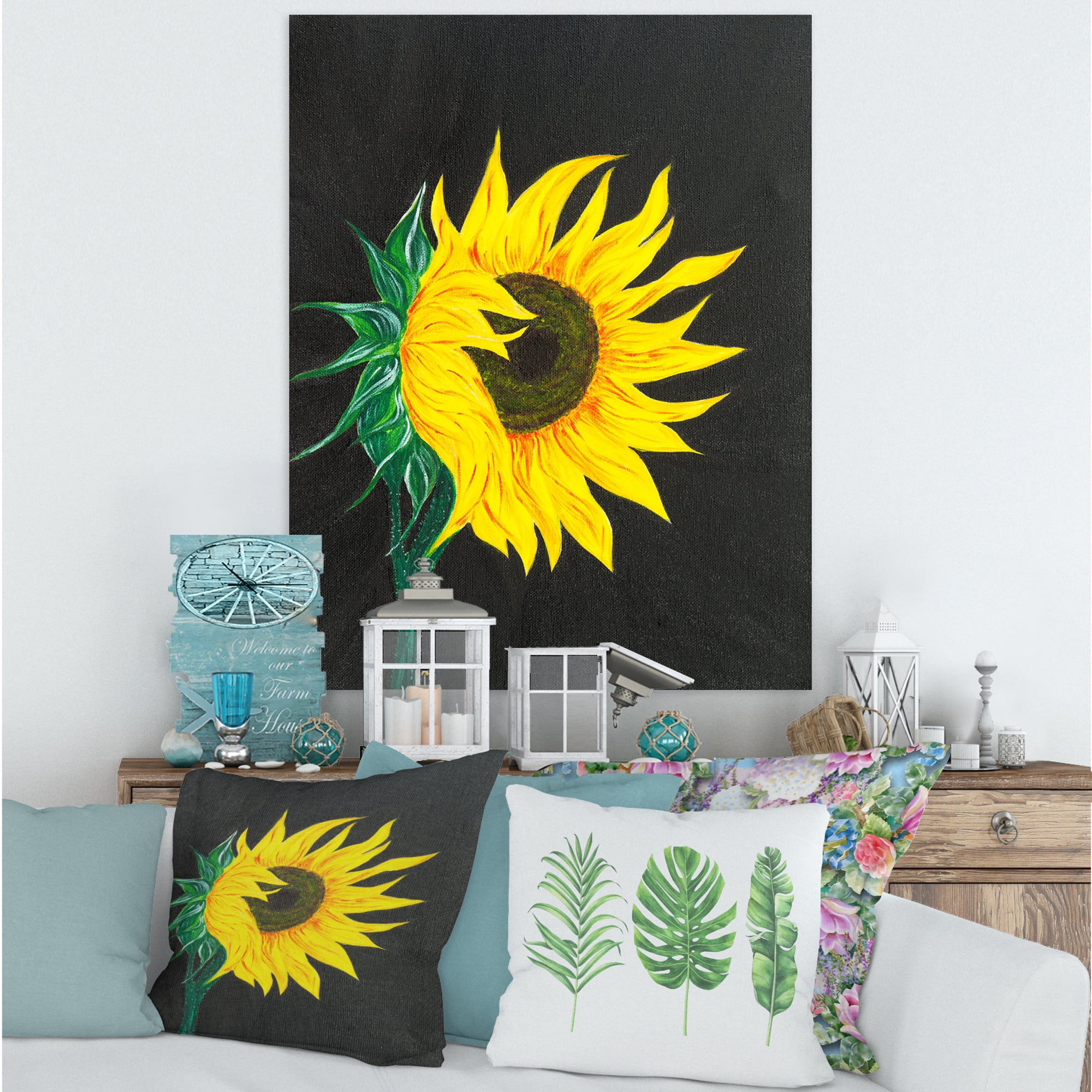 Yellow Sunflower On Black 12 in x 8 in Painting Canvas Art Print, by Designart