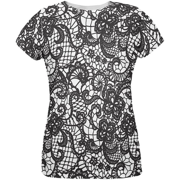 Black And White Lace All Over Womens T-Shirt - Medium