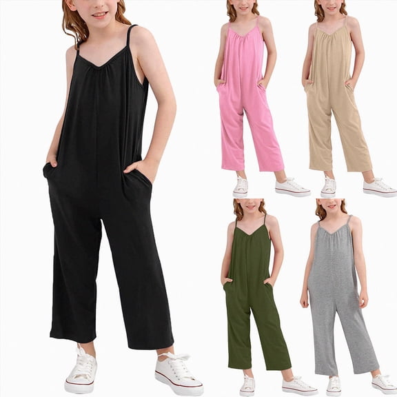 Splozh Toddler Rompers 4-13 Years Girls Fashion Solid Casual Romper Sleeveless Halter Long Pants Jumpsuit with Side Pockets,AG,10-11 Years