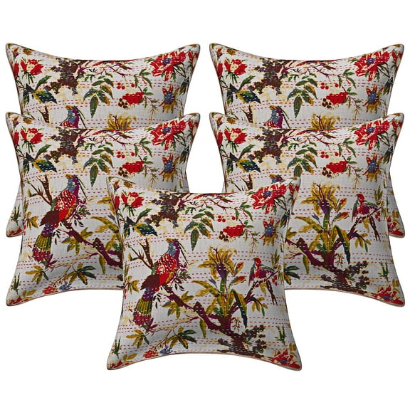 Stylo Culture Ethnic Sofa Throw Pillow Covers 16x16 Kantha White Printed 40x40 cm Living Room Toss Pillow Case Cotton Bird Square Cushion Covers | Set Of 5