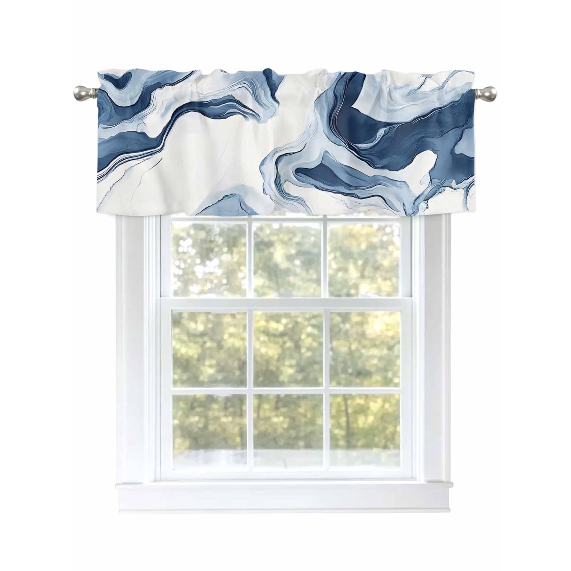 Marble Curtain Valances for Windows, Blue Abstract Neutral Textured Modern Watercolor Kitchen Valance Window Treatment, Light Filtering Block Curtains for Bathroom/Bedroom/Living Room 42'' x 12''