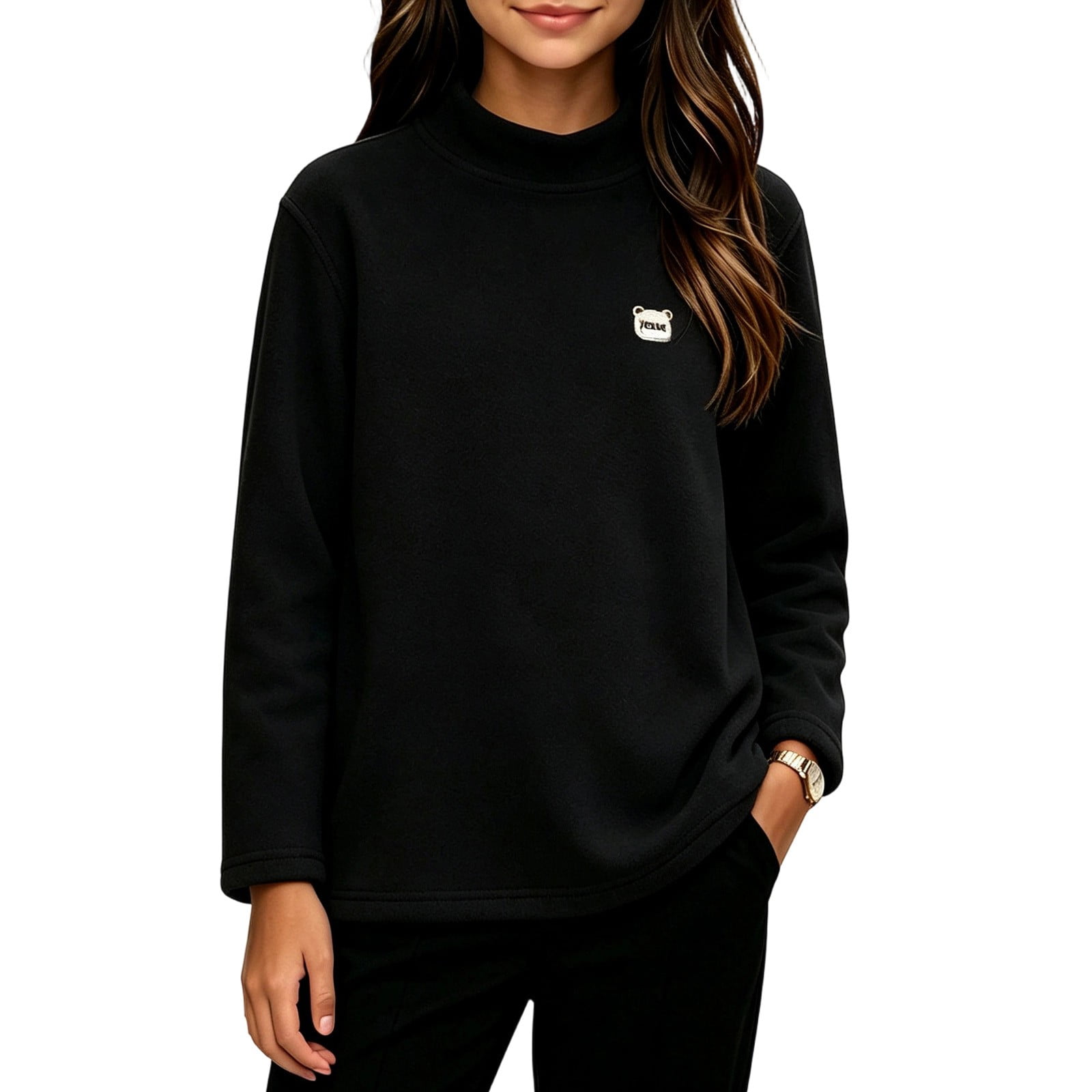 Kids Fleece Lined Thermal Tops Mock Neck Warm Pullover Cute Embroidered Chest Patch Fall Winter Base Tops for Boys Girls Outdoor and Indoor Daily Layering 3-4Y