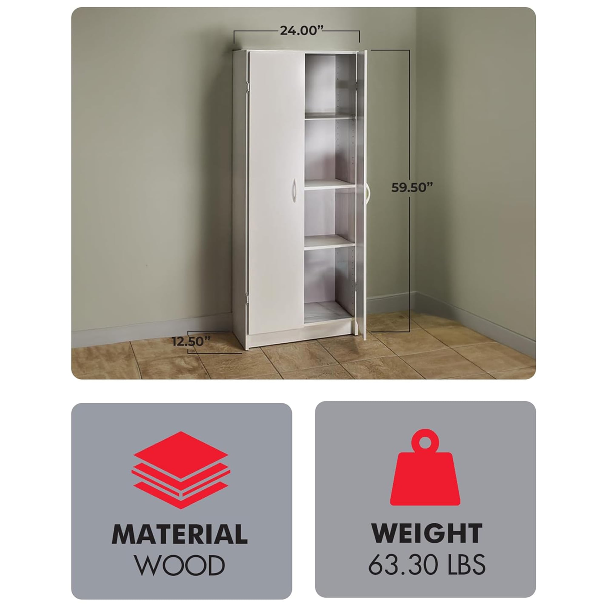ClosetMaid Pantry Cabinet Cupboard with 2 Doors, Adjustable Shelves for Kitchen, White