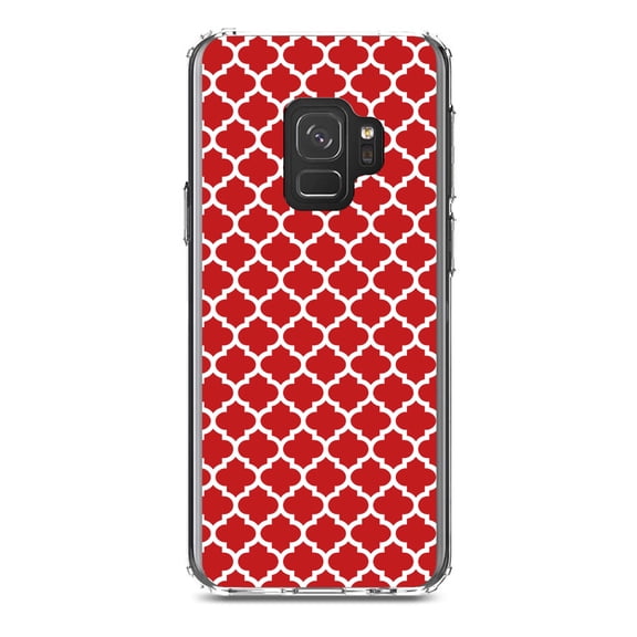 DistinctInk Clear Shockproof Hybrid Case for Samsung Galaxy S9 (5.8" Screen) - TPU Bumper, Acrylic Back, Tempered Glass Screen Protector - Red White Moroccan Lattice