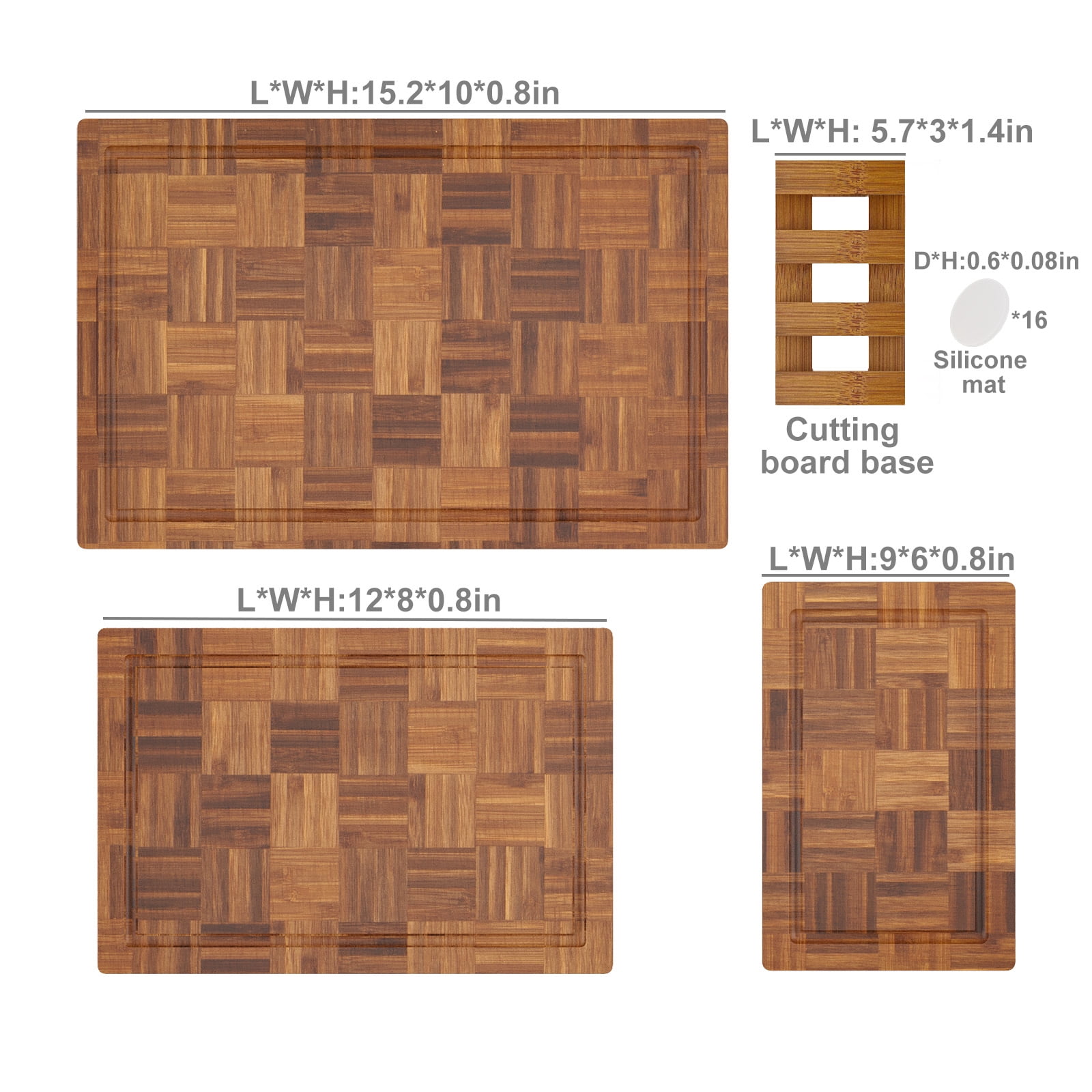 Bamboo Cutting Boards for Kitchen(Set of 3),Chopping Boards with Juice Groove,End Grain Bamboo Butcher Block,Serving Board with Holder