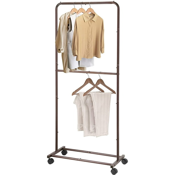 Double Rod Clothing Garment Rack, Rolling Clothes Organizer on Wheels