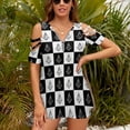 thumbnail image 3 of Freemason Checkered Pattern Womens Summer V Neck Zipper Top Short Sleeve T Shirt Off Shoulder Top Casual Classy Loose Shirts, 3 of 7