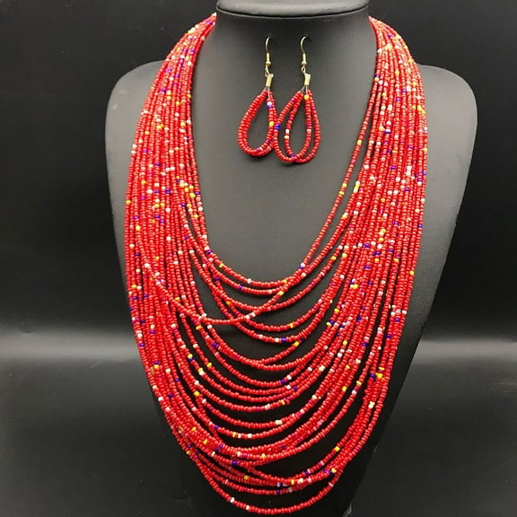 Ethnic style Acrylic Seed Beaded Multilayer Necklaces & Teardrop Dangle Earrings sets Red 550mm 1set