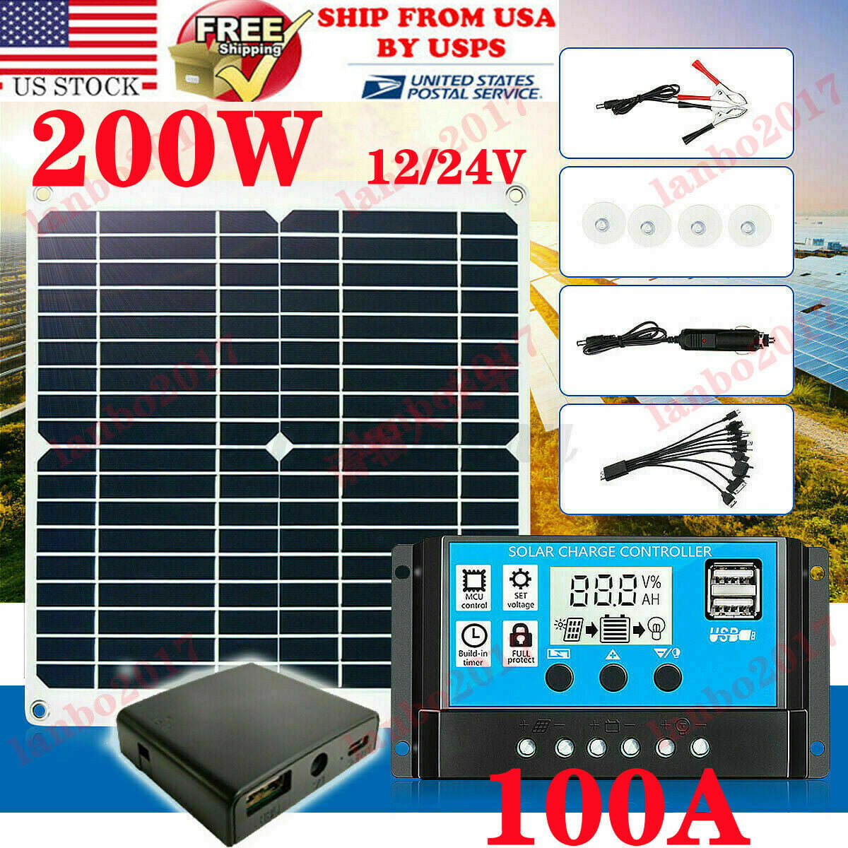 200W Solar Panel Kit 18V Battery Charger with 30A Controller for Caravan Boat RV 