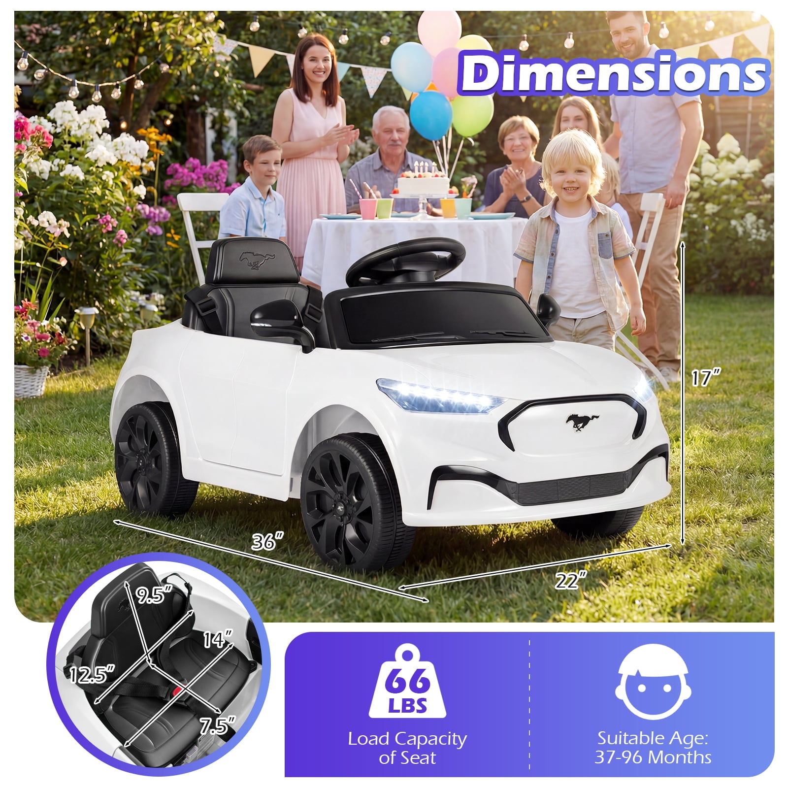 Gymax Licensed Ford Mach E Electric Vehicle w/Parent Control LED Lights Horn Music White