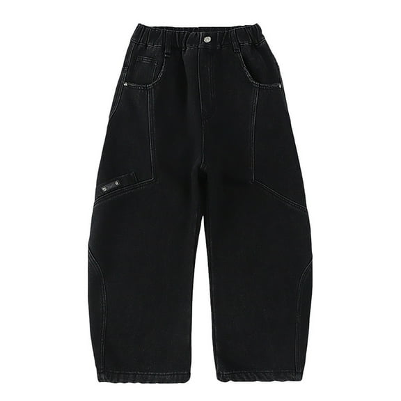 CPNG Boy's Fashionable Baggy Jeans Teen Boys Wide Leg Button Front Zipper Casual Loose Denim Trousers Streetwear(Black,5-7 Years)