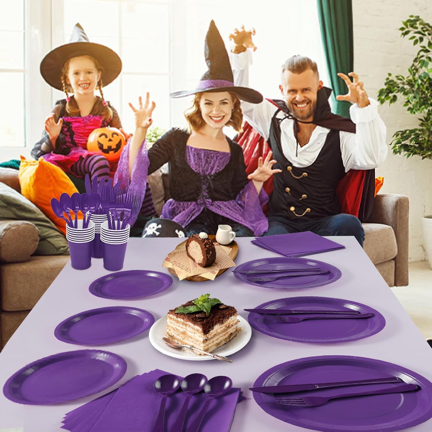 Purple Paper Plates Party Supplies, 168pcs Purple Plates and Cups and Napkins Set for Mardi Gras, Birthday, Halloween, Graduation Parties