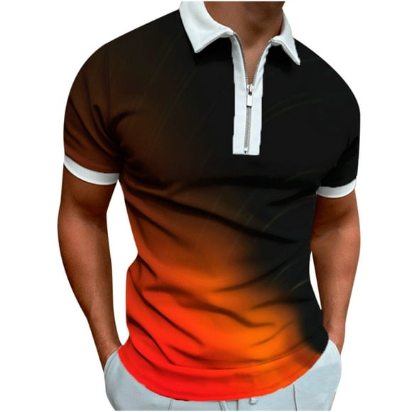 Pisexur Zipper Polo Shirts for Men Boys, Summer Short Sleeve Casual Gradient Slim Fit Business Top Mens Dress Shirts M-5XL