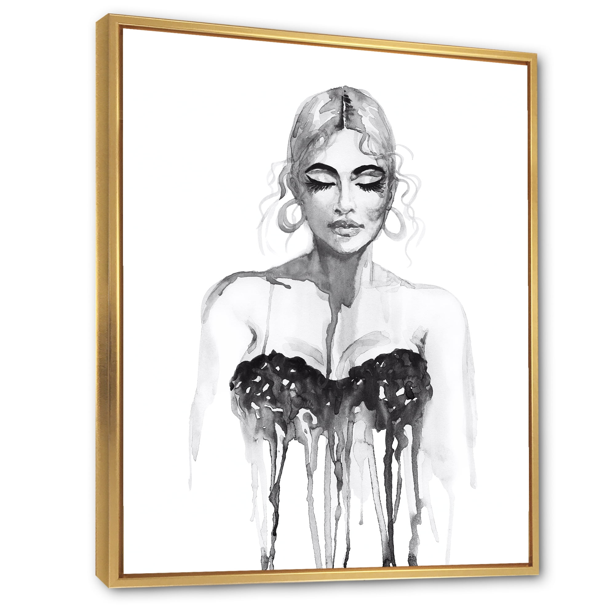 Designart 'Black and White Portrait of Woman Wearing Evening Dress' Modern Framed Canvas Wall Art Print