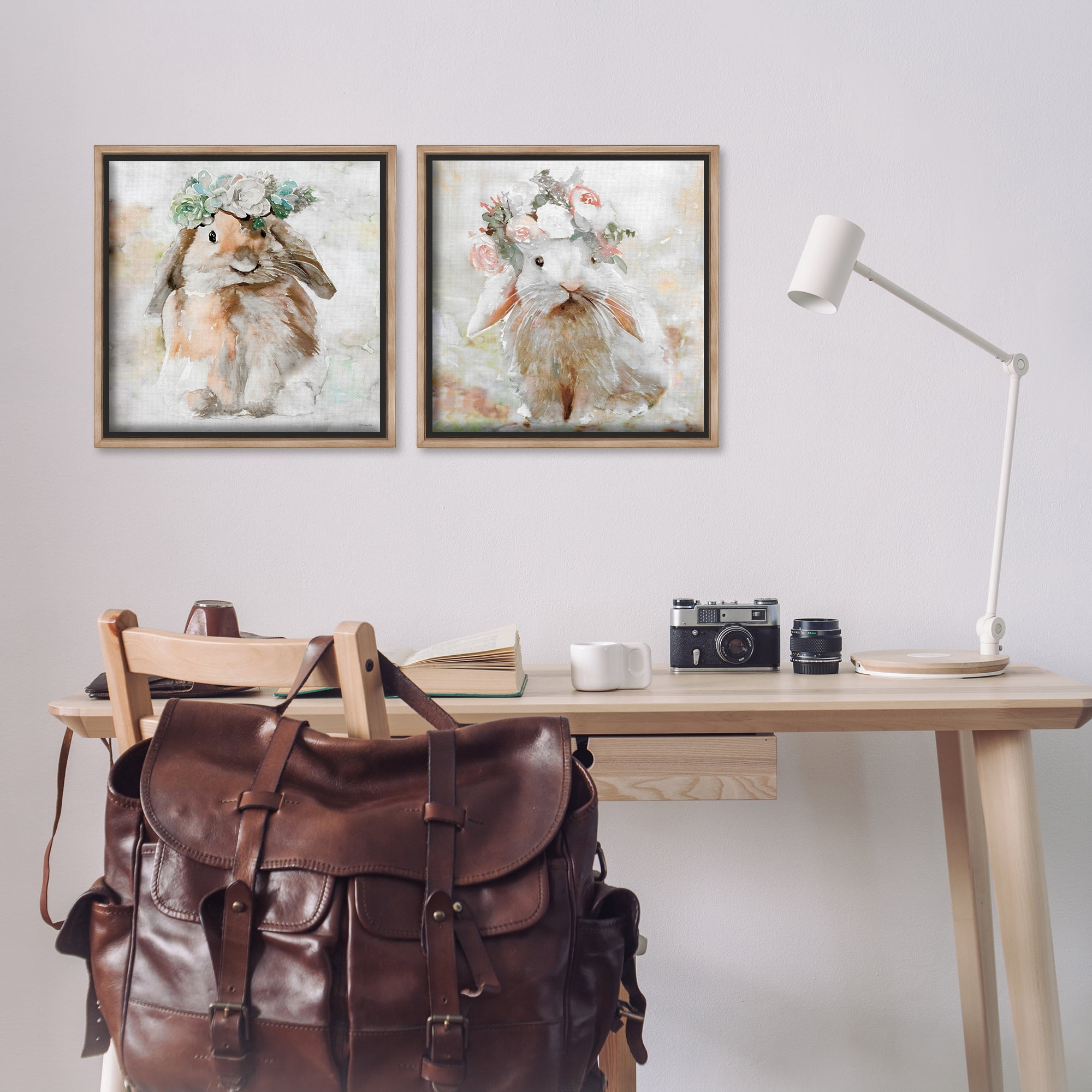 Stupell Industries Soft Spring Floral Bunnies Animals Painting Brown Floater Framed Canvas Art Print Wall Art, 18 x 18, Set of 2