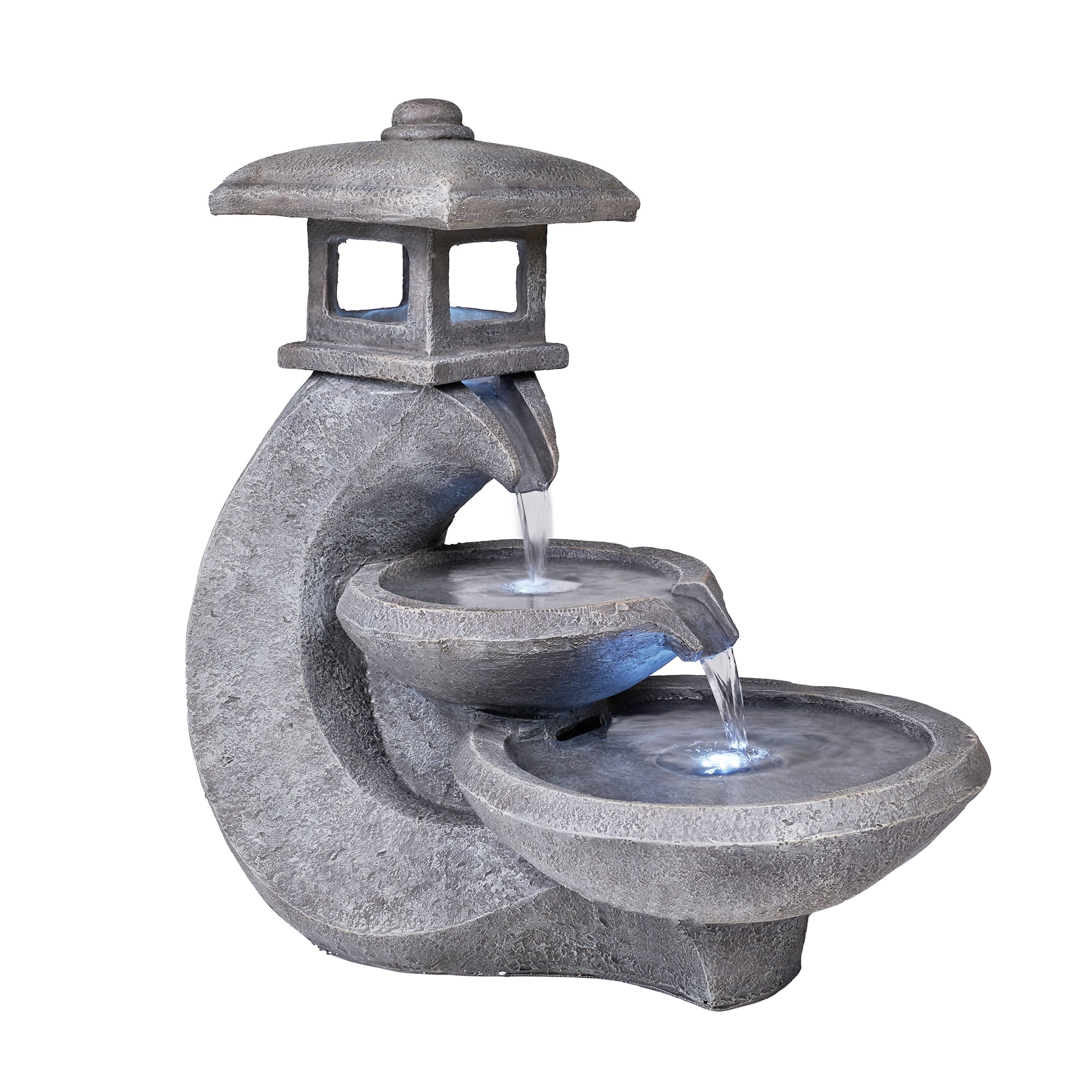 Pagoda Tiered Outdoor Fountain with 3 White LEDS