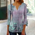 thumbnail image 2 of Htigea Womens Flower Printed T-Shirts 3/4 Sleeve Pleated V Neck Tops Elegant Dressy Tunic Tees Cozy Work Blouses Sky Blue,S, 2 of 5