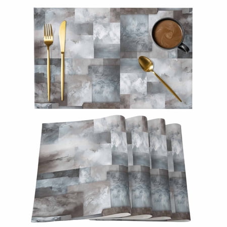 Gray Geometric Placemats Set of 2 Cotton Linen Fabric Place Mats Modern Abstract Art Block Washable Decorative Table Mats Protector for Home Kitchen Dining Wedding Party Coffee Tables