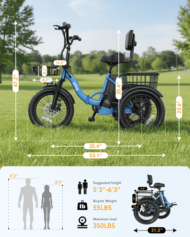 Actbest Electric Tricycle for Adults, 18" Folding Electric Trike, Peak 1200W Motor 48V 10.4AH Etrike, 18MPH Up to 50 Miles 3-Wheel Electric Bike Blue