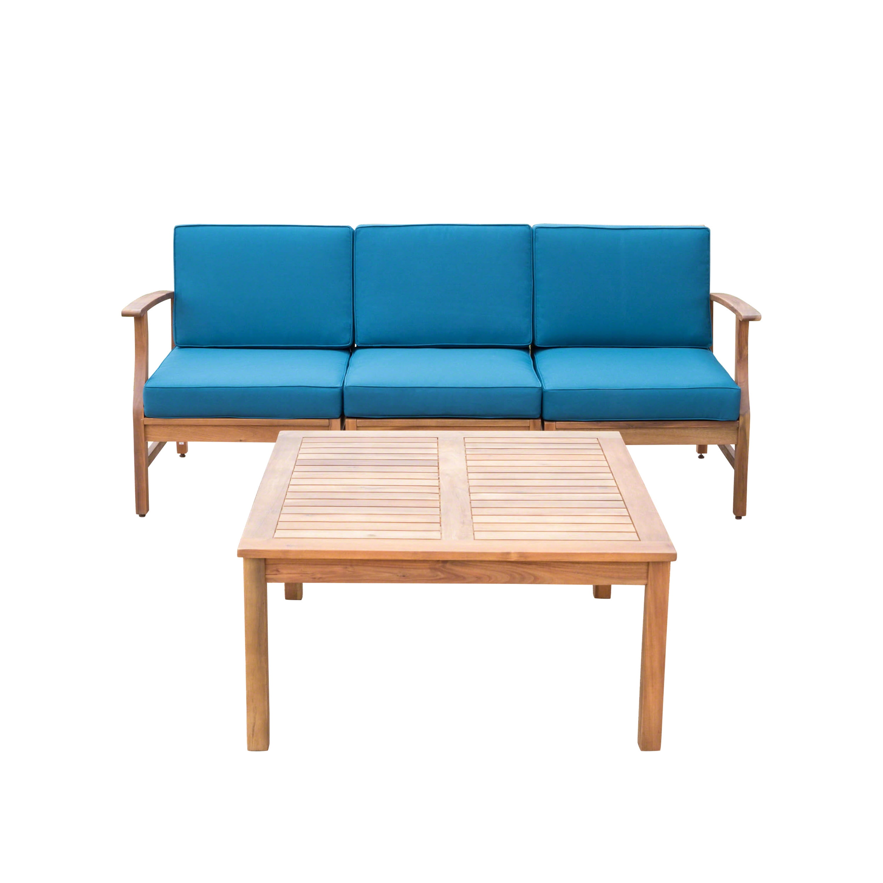 Bodhi Outdoor 3 Seater Acacia Wood Sofa and Table Set with Cushions, Teak, Blue