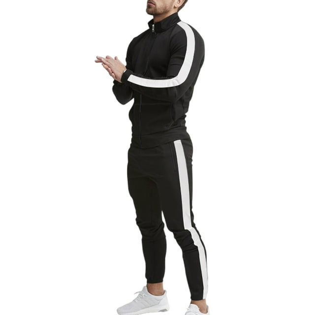 Innerwin Tracksuit Stand Collar Men Sweatsuits Running Zip Up Comfy 2 Piece Jogging Set Black White S