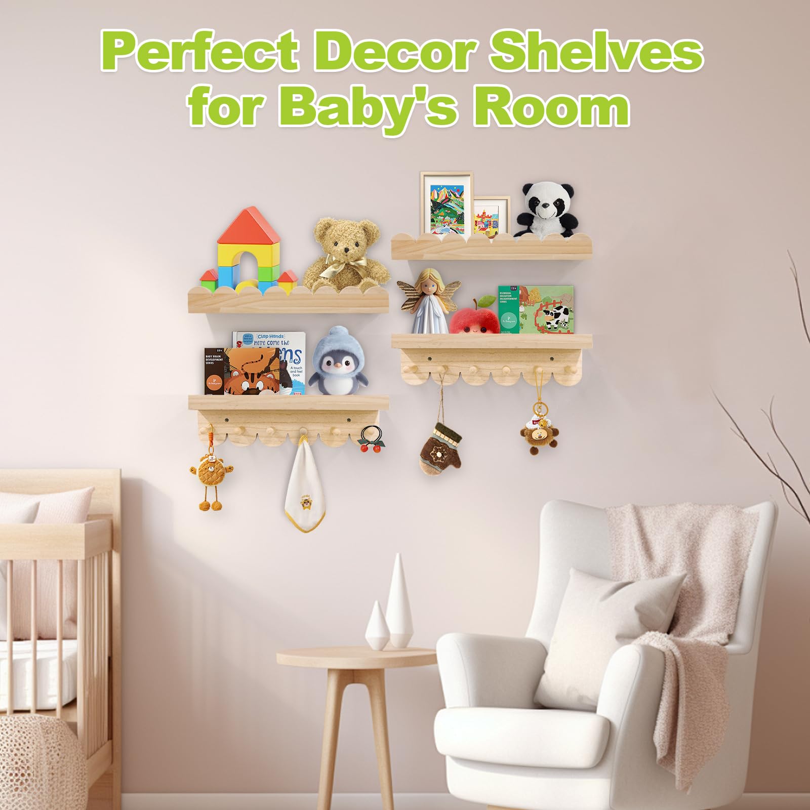 MIOCLYD Floating Book Shelves for Wall – 16'' Wooden Wall Shelf for Baby Boys & Girls Room, Books, Toys, Plants & Décor Storage (4-Pack)