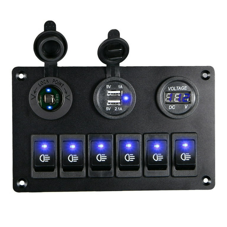 6 Switch Panel with 12V-24V LED Digital Voltmeter Dual USB Charger Lighter  Socket for RV Truck Boat SUV 
