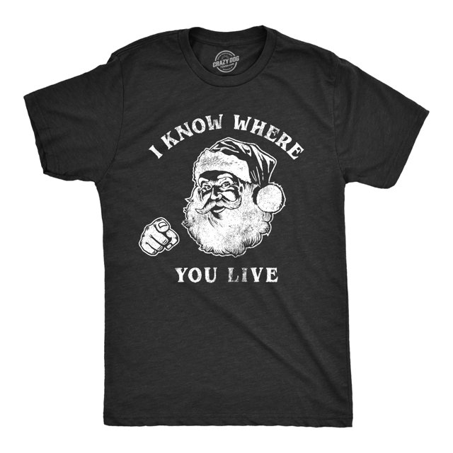 Mens I Know Where You Live T Shirt Funny Christmas Santa Claus Sarcastic Graphic Tee (Heather Black - Santa Knows) - XXL