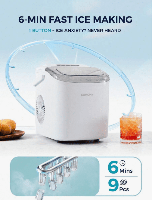 EHOMY Countertop Ice Maker Machine With Handle, 26lbs Per Day, 9 Ice Cubes Ready In 6 Mins, Auto-Cleaning Portable Ice Maker With Basket And Scoop, For Home/Kitchen/Camping/RV (White)