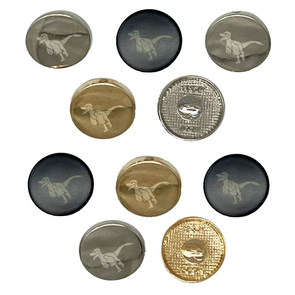 Velociraptor Dinosaur Running Set of 10 Metal 0.6" (15mm) Sewing Shank Round Buttons - Silver Color