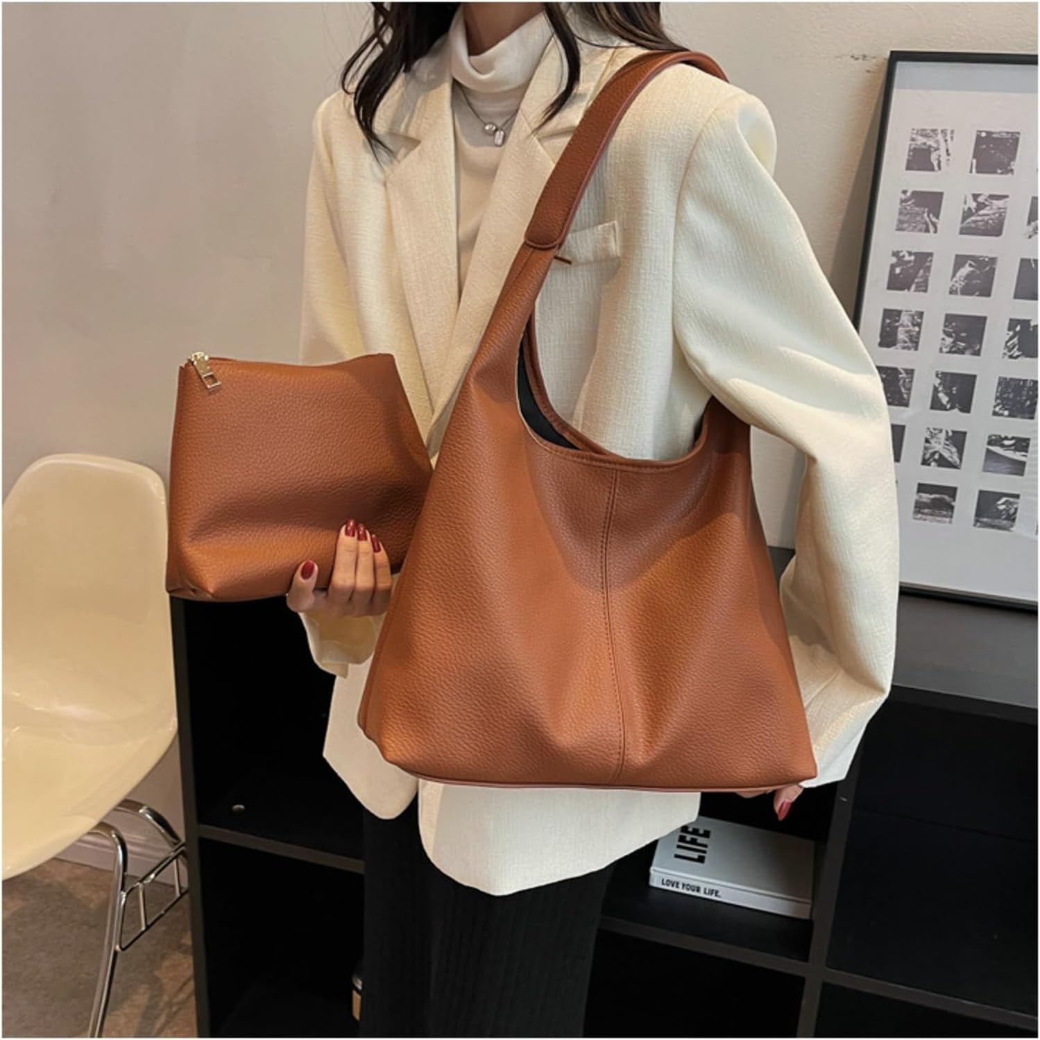 HLSOHJP Slouchy Hobo Bags for Women Tote Bag Retro PU Leather Crossbody Purse Soft Shoulder Purses 2pcs Work College Handbags