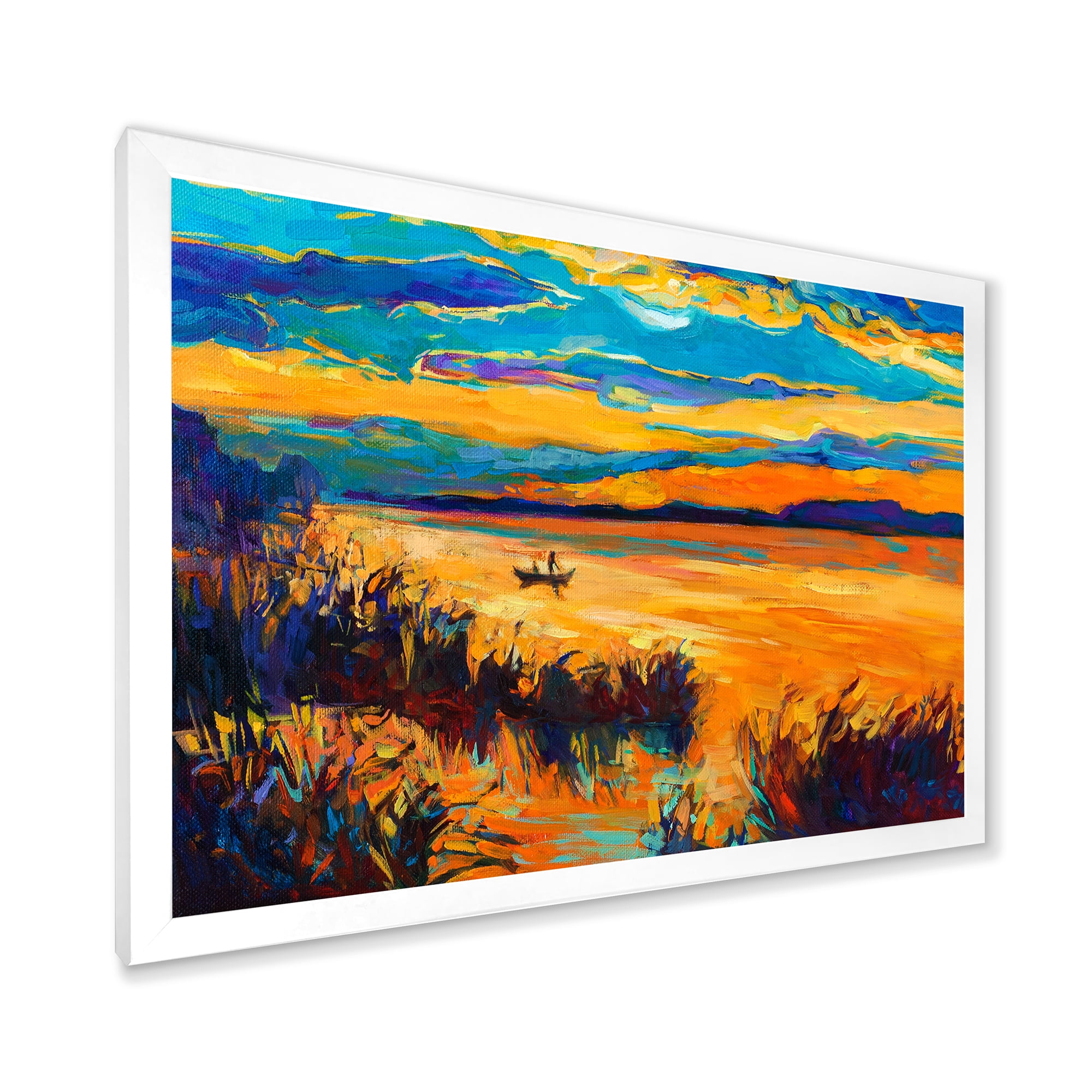 Designart 'Little Boat At The Horizon Of A Lake During Evening Glow' Nautical & Coastal Framed Art Print