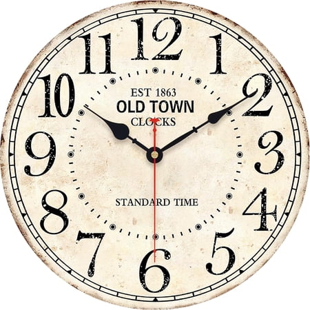 14 Inch Retro Vintage French Country Style Round Wooden Wall Clock Silent Battery Operated Non-Ticking Decorative Clock for Kitchen Farmhouse Bedroom Home Wall
