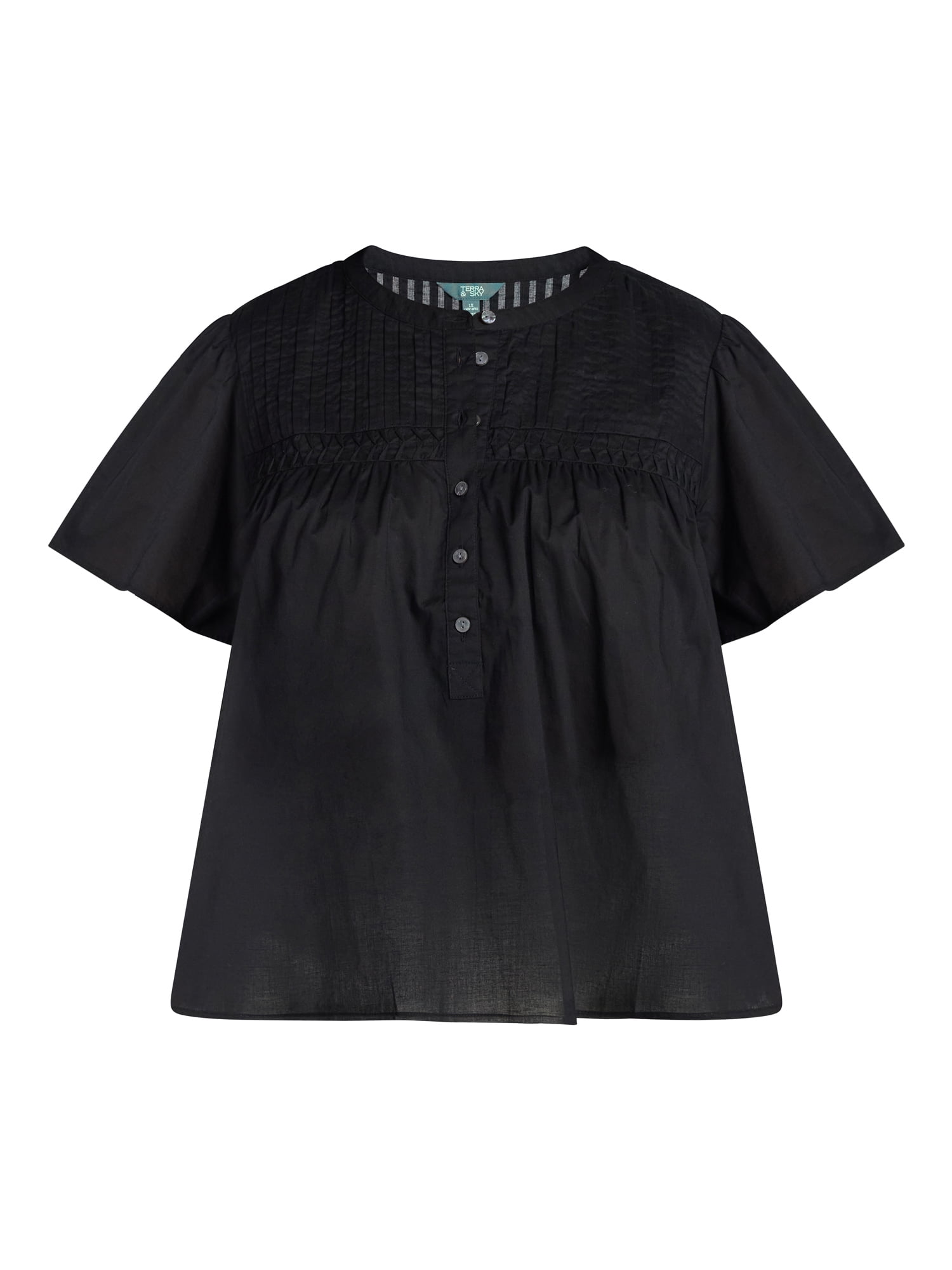 Terra & Sky Women’s Pleated Yoke Top with Short Flutter Sleeves, Sizes 0X-5X