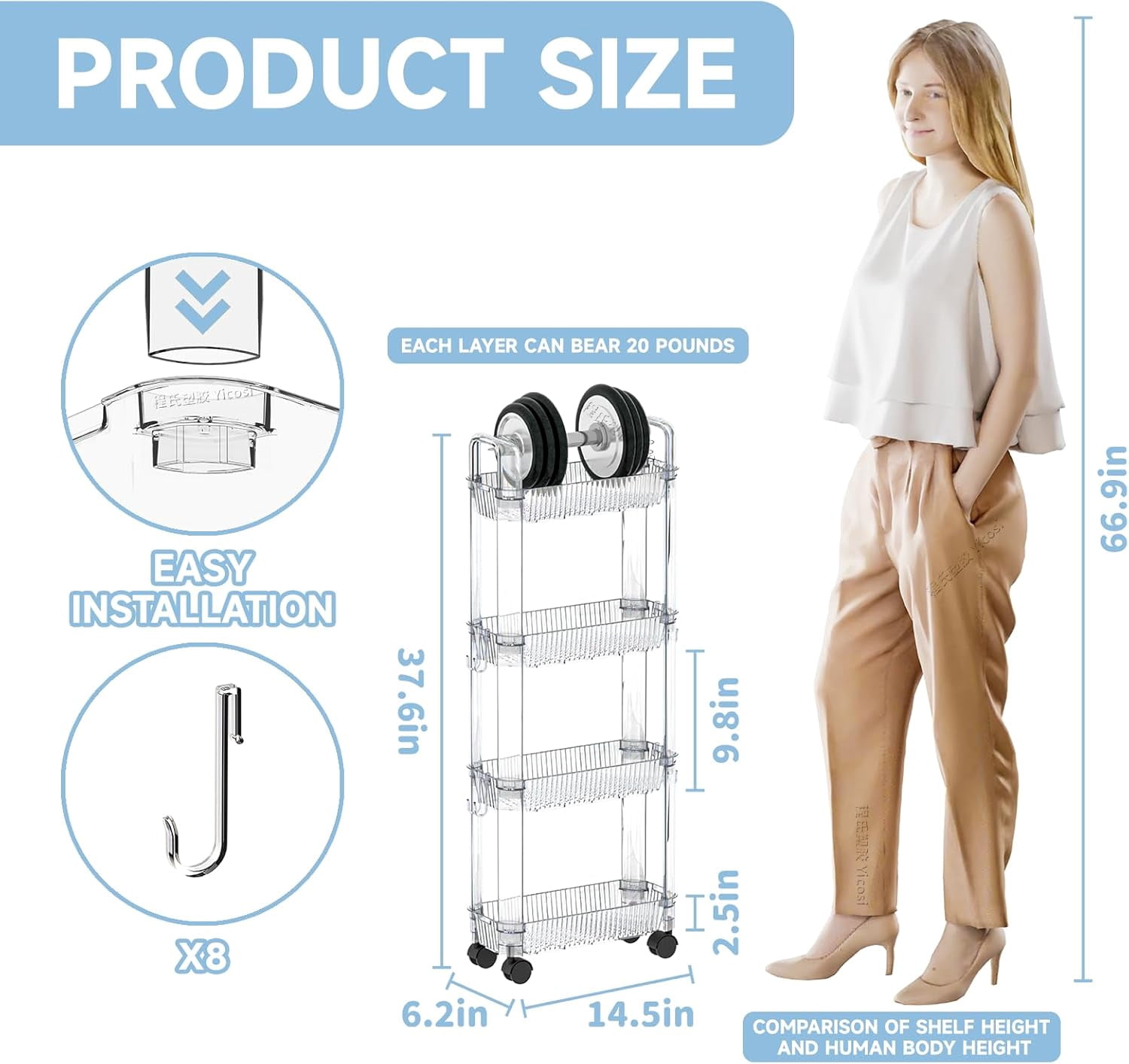 4 Tier Rolling Cart with Wheels,Clear Narrow Bathroom Rack Organizer,Slim Storage Cart,Three Tier Thin Shelf and Narrow Rolling Utility Cart for Small Space Shelf,Dorm Room,Kitchen,Laundry