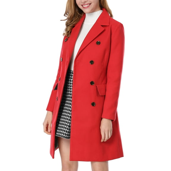 Allegra K Women's Notched Lapel Collar Double Breasted Mid Length Overcoat