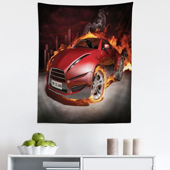 Cars Tapestry, Red Sports Car Burnout Tires in Blazing Engine Hot Smoke Automobile, Fabric Wall Hanging Decor for Bedroom Living Room Dorm, 5 Sizes, Orange Black Red, by Ambesonne