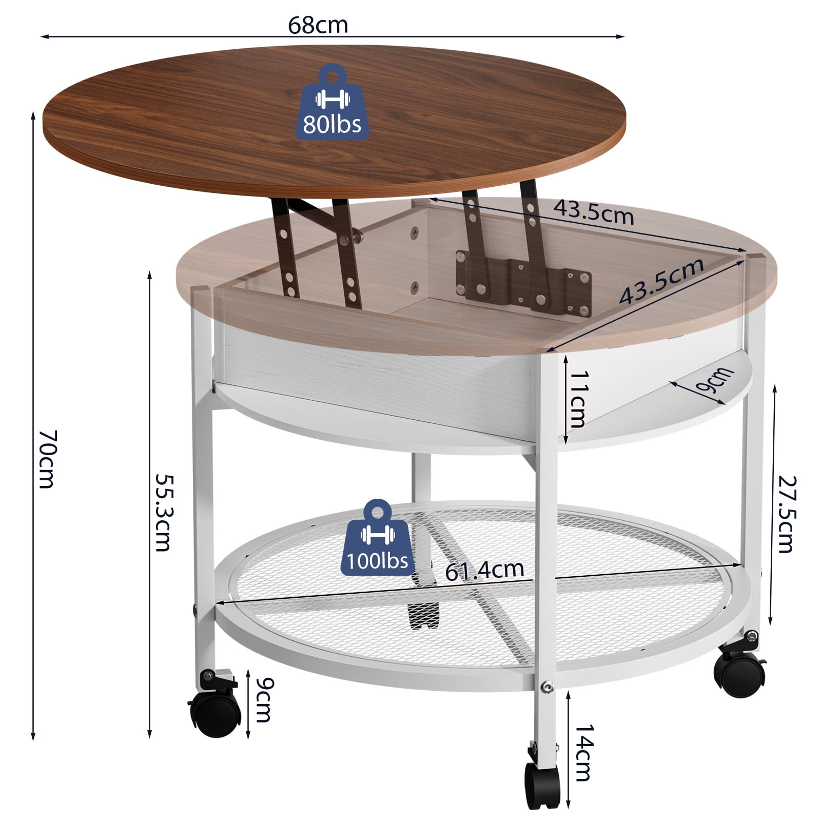 Ktaxon Mid-Century Coffe Table with Lift Top, 26.7" Round Coffee Table with Storage and Rolling Wheels, Modern Center Table for Small Spaces, Washed White