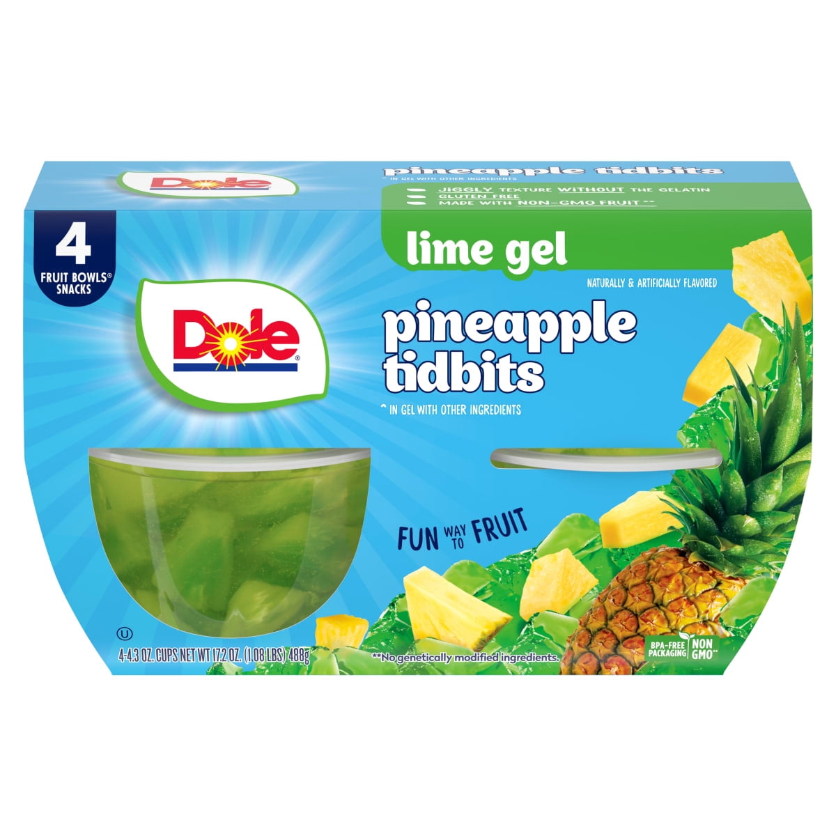 (2 pack) Dole Fruit Bowls Diced Pineapple in Lime Gel, 4.3 oz Cups (4 Pack)