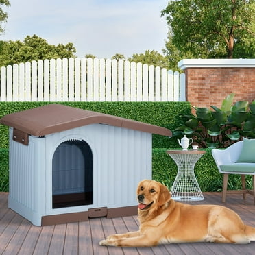 EDOEMSE Doghouse Dog Kennel,34 Inch Large Plastic Dog House With Liftable Roof, Indoor Outdoor Doghouse Puppy Shelter, Brown & White