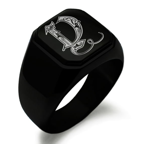 Stainless Steel Letter Y Initial Royal Monogram Engraved Engraved Square Flat Top Biker Style Polished Signet Ring
