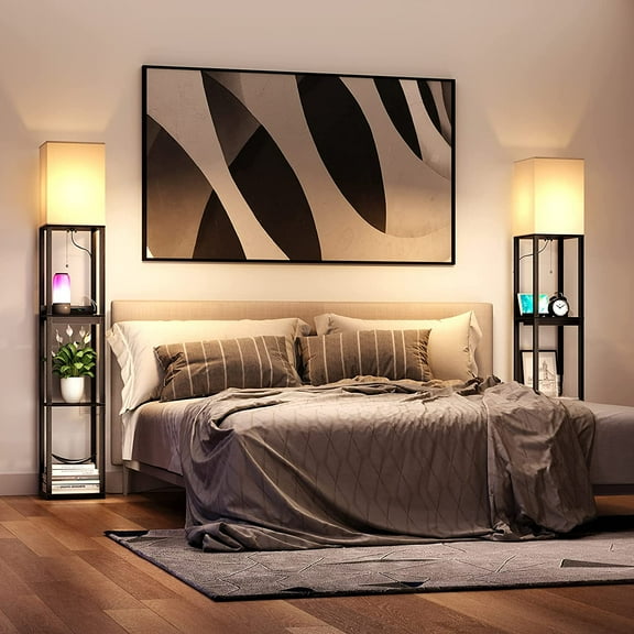 Floor Lamp with Shelves, Modern Dimmable Solid Wood Standing Lamp with 1 Drawer, 2 USB Ports & 2 Power Outlets, Corner Bookshelf Lamp for Living Room & Bedroom, Black